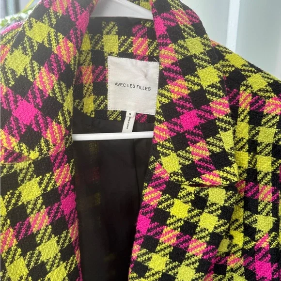 Avec Les Filles pink and yellow/green plaid blazer jacket - Picture 4 of 7